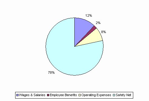 Pie Chart: Wages & Salaries=12%, Employee Benefits=2%, Operating Expenses=8%, Safety Net=78%