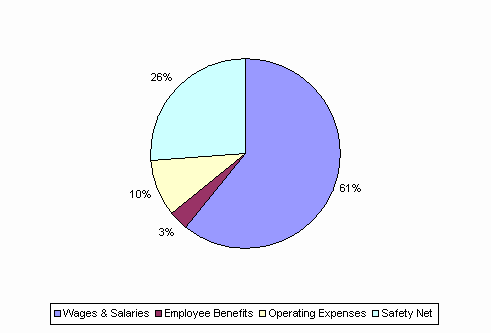 Pie Chart: Wages & Salaries=61%, Employee Benefits=3%, Operating Expenses=10%, Safety Net=26%