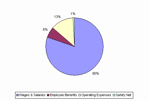 Pie Chart: Wages & Salaries=80%, Employee Benefits=6%, Operating Expenses=13%, Safety Net=1%