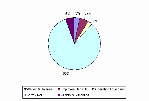 Pie Chart: Wages & Salaries=3%, Employee Benefits=5%, Operating Expenses=3%, Safety Net=83%, Grants & Subsidies=6%