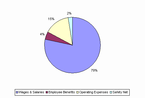 Pie Chart: Wages & Salaries=79%, Employee Benefits=4%, Operating Expenses=15%, Safety Net=2%