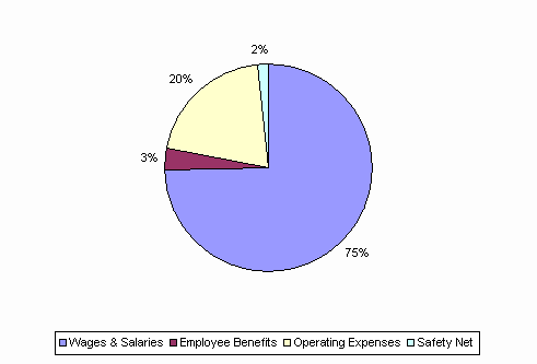 Pie Chart: Wages & Salaries=75%, Employee Benefits=3%, Operating Expenses=20%, Safety Net=2%