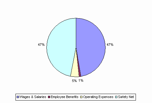 Pie Chart: Wages & Salaries=47%, Employee Benefits=1%, Operating Expenses=5%, Safety Net=47%