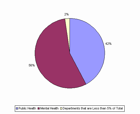 Pie Chart: Public Health=42%, Mental Health=56%, Departments that are Less than 5% of Total=2%