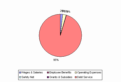 Pie Chart: Wages & Salaries=2%, Employee Benefits=0%, Operating Expenses=3%, Safety Net=0%, Grants & Subsidies=0%, Debt Service=95%