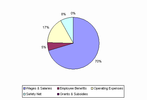 Pie Chart: Wages & Salaries=70%, Employee Benefits=5%, Operating Expenses=17%, Safety Net=8%, Grants & Subsidies=0%