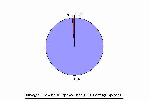Pie Chart: Wages & Salaries=99%, Employee Benefits=1%, Operating Expenses=0%