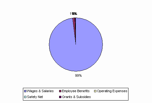 Pie Chart: Wages & Salaries=99%, Employee Benefits=1%, Operating Expenses=0%, Safety Net=0%, Grants & Subsidies=0%