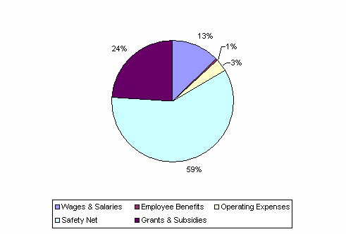 Pie Chart: Wages & Salaries=13%, Employee Benefits=1%, Operating Expenses=3%, Safety Net=59%, Grants & Subsidies=24%