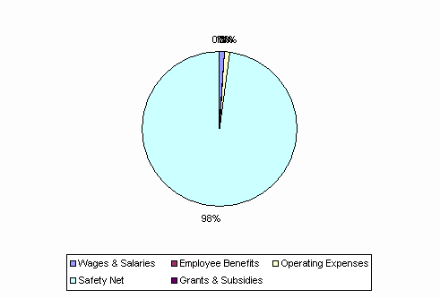 Pie Chart: Wages & Salaries=1%, Employee Benefits=0%, Operating Expenses=1%, Safety Net=98%, Grants & Subsidies=0%