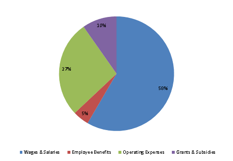 Pie Chart: Wages & Salaries=58%, Employee Benefits=5%, Operating Expenses=27%, Grants & Subsidies=10%