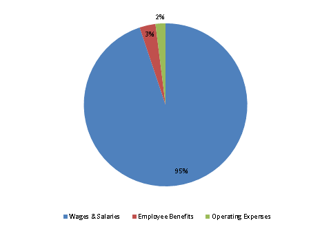 Pie Chart: Wages & Salaries=95%, Employee Benefits=3%, Operating Expenses=2%