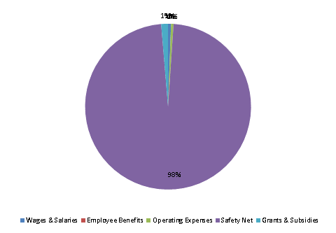 Pie Chart: Wages & Salaries=1%, Employee Benefits=0%, Operating Expenses=0%, Safety Net=98%, Grants & Subsidies=1%