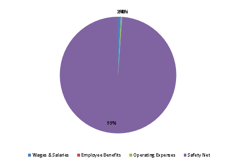 Pie Chart: Wages & Salaries=1%, Employee Benefits=0%, Operating Expenses=0%, Safety Net=99%