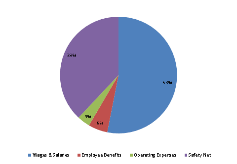 Pie Chart: Wages & Salaries=53%, Employee Benefits=5%, Operating Expenses=4%, Safety Net=38%