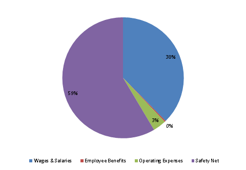 Pie Chart: Wages & Salaries=38%, Employee Benefits=0%, Operating Expenses=4%, Safety Net=58%