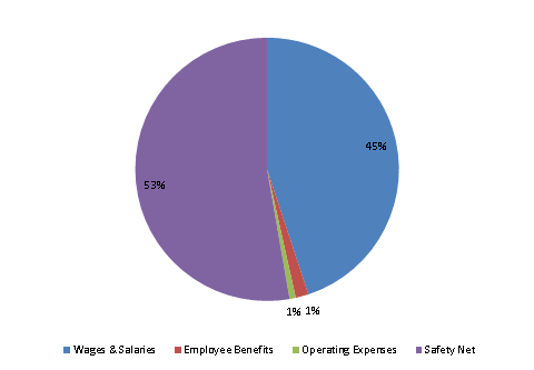 Pie Chart: Wages & Salaries=45%, Employee Benefits=2%, Operating Expenses=1%, Safety Net=52%