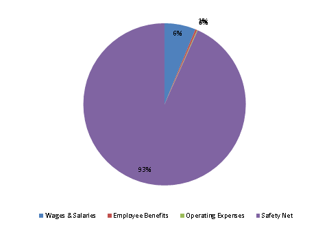 Pie Chart: Wages & Salaries=6%, Employee Benefits=0%, Operating Expenses=0%, Safety Net=94%