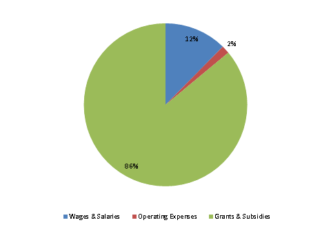 Pie Chart: Wages & Salaries=12%, Operating Expenses=2%, Grants & Subsidies=86%