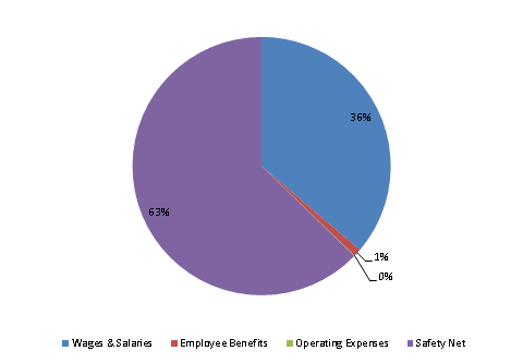 Pie Chart: Wages & Salaries=36%, Employee Benefits=1%, Operating Expenses=0%, Safety Net=63%