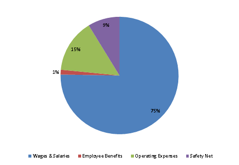 Pie Chart: Wages & Salaries=75%, Employee Benefits=1%, Operating Expenses=15%, Safety Net=9%