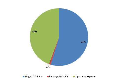 Pie Chart: Wages & Salaries=55%, Employee Benefits=1%, Operating Expenses=44%