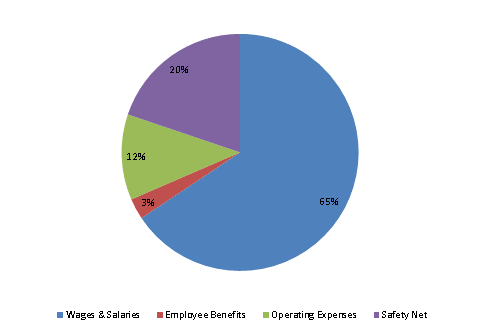 Pie Chart: Wages & Salaries=65%, Employee Benefits=3%, Operating Expenses=12%, Safety Net=20%