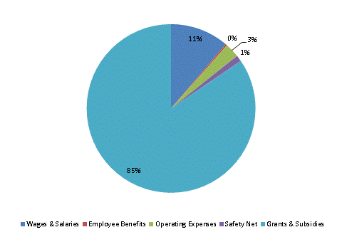 Pie Chart: Wages & Salaries=11%, Employee Benefits=0%, Operating Expenses=3%, Safety Net=1%, Grants & Subsidies=85%