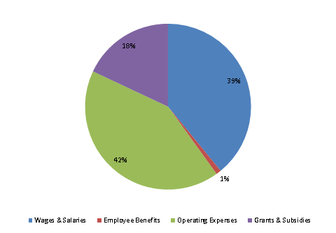 Pie Chart: Wages & Salaries=39%, Employee Benefits=1%, Operating Expenses=42%, Grants & Subsidies=18%