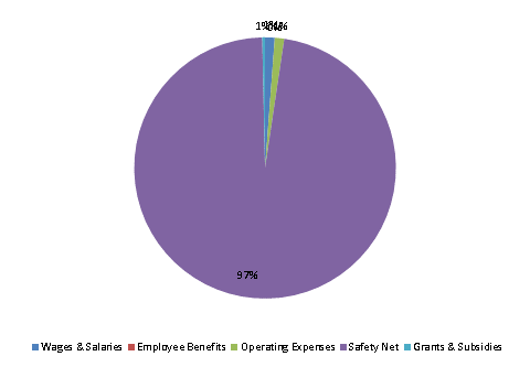 Pie Chart: Wages & Salaries=1%, Employee Benefits=0%, Operating Expenses=1%, Safety Net=98%, Grants & Subsidies=0%