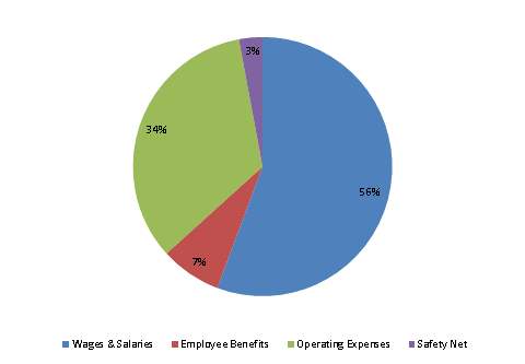 Pie Chart: Wages & Salaries=55%, Employee Benefits=8%, Operating Expenses=34%, Safety Net=3%