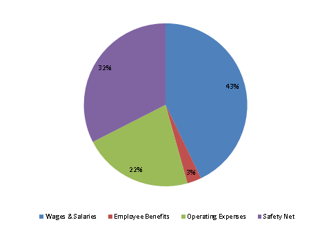 Pie Chart: Wages & Salaries=42%, Employee Benefits=3%, Operating Expenses=22%, Safety Net=33%