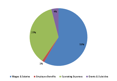 Pie Chart: Wages & Salaries=59%, Employee Benefits=1%, Operating Expenses=36%, Grants & Subsidies=4%