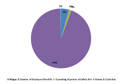 Pie Chart: Wages & Salaries=4%, Employee Benefits=0%, Operating Expenses=1%, Safety Net=95%, Grants & Subsidies=0%