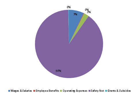 Pie Chart: Wages & Salaries=7%, Employee Benefits=0%, Operating Expenses=2%, Safety Net=91%, Grants & Subsidies=0%