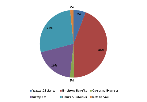 Pie Chart: Wages & Salaries=6%, Employee Benefits=44%, Operating Expenses=2%, Safety Net=19%, Grants & Subsidies=27%, Debt Service=2%