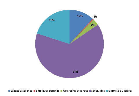 Pie Chart: Wages & Salaries=12%, Employee Benefits=1%, Operating Expenses=3%, Safety Net=64%, Grants & Subsidies=20%