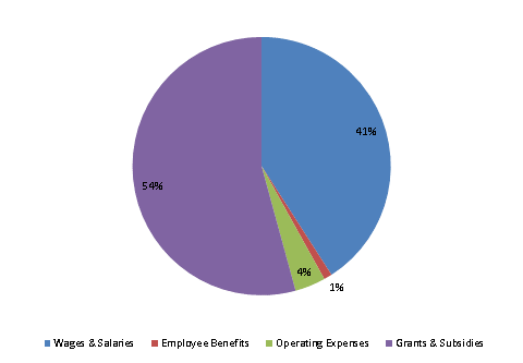 Pie Chart: Wages & Salaries=41%, Employee Benefits=1%, Operating Expenses=4%, Grants & Subsidies=54%