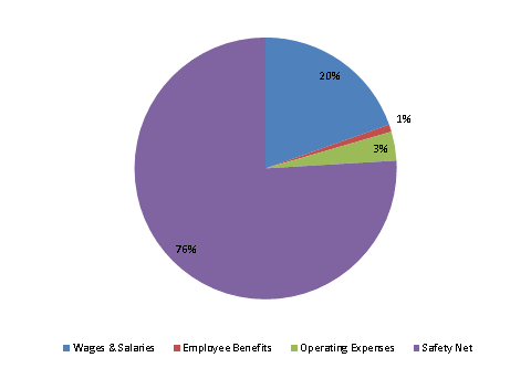 Pie Chart: Wages & Salaries=20%, Employee Benefits=1%, Operating Expenses=4%, Safety Net=75%