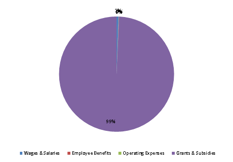 Pie Chart: Wages & Salaries=1%, Employee Benefits=0%, Operating Expenses=0%, Grants & Subsidies=99%