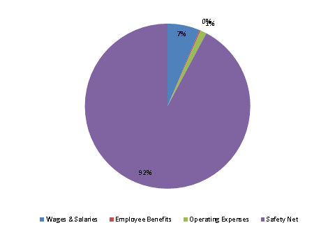 Pie Chart: Wages & Salaries=6%, Employee Benefits=0%, Operating Expenses=1%, Safety Net=93%