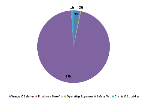 Pie Chart: Wages & Salaries=3%, Employee Benefits=0%, Operating Expenses=0%, Safety Net=96%, Grants & Subsidies=1%