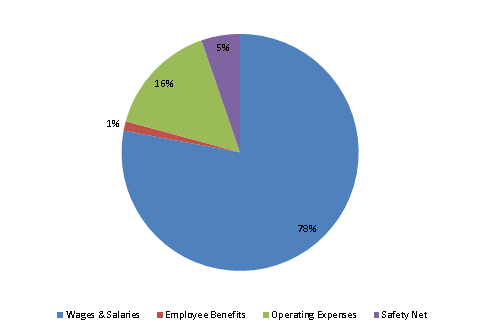 Pie Chart: Wages & Salaries=79%, Employee Benefits=1%, Operating Expenses=15%, Safety Net=5%