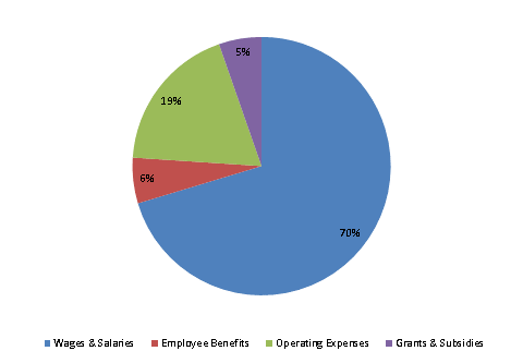 Pie Chart: Wages & Salaries=70%, Employee Benefits=6%, Operating Expenses=19%, Grants & Subsidies=5%