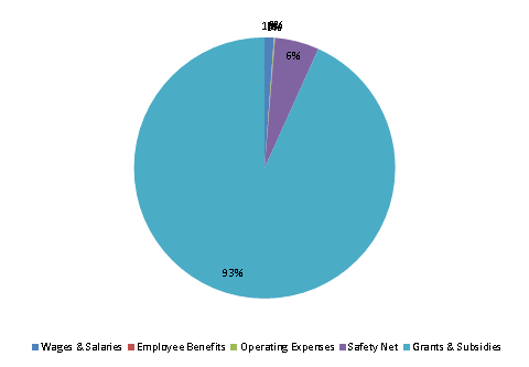 Pie Chart: Wages & Salaries=1%, Employee Benefits=0%, Operating Expenses=0%, Safety Net=5%, Grants & Subsidies=94%