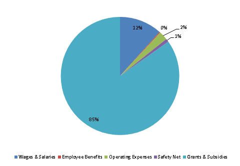 Pie Chart: Wages & Salaries=12%, Employee Benefits=0%, Operating Expenses=2%, Safety Net=1%, Grants & Subsidies=85%