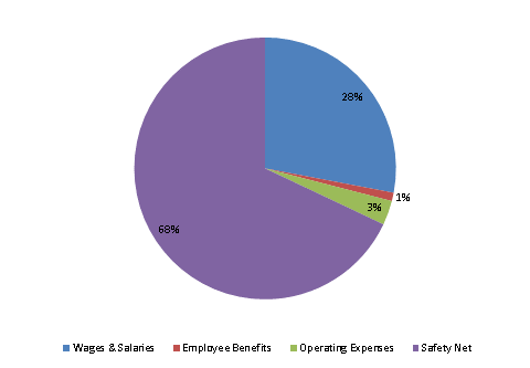 Pie Chart: Wages & Salaries=28%, Employee Benefits=1%, Operating Expenses=3%, Safety Net=68%