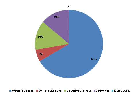 Pie Chart: Wages & Salaries=66%, Employee Benefits=6%, Operating Expenses=14%, Safety Net=14%, Debt Service=0%