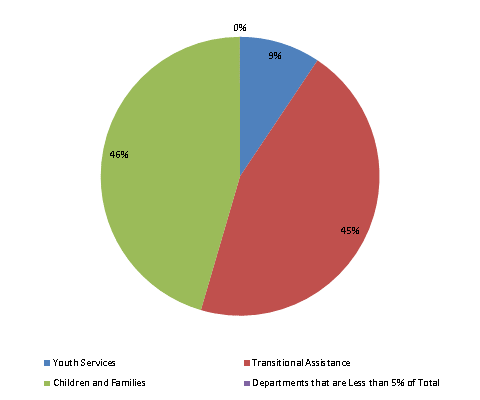 Pie Chart: Youth Services=9%, Transitional Assistance=45%, Children and Families=46%, Departments that are Less than 5% of Total=0%