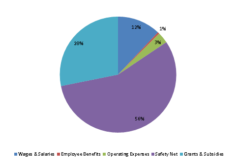 Pie Chart: Wages & Salaries=12%, Employee Benefits=0%, Operating Expenses=3%, Safety Net=57%, Grants & Subsidies=28%